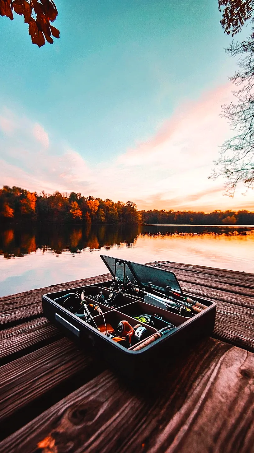 40+ Fisherman Aesthetic Accessories You'll Love 14 Alt-Text: An open tackle box rests on a wooden dock, set against the backdrop of an idyllic lake during autumn. The sky above blends hues of blue and pink, suggesting an ambiguous time of day. The scene conveys a sense of peaceful anticipation, suggesting an impending fishing adventure.