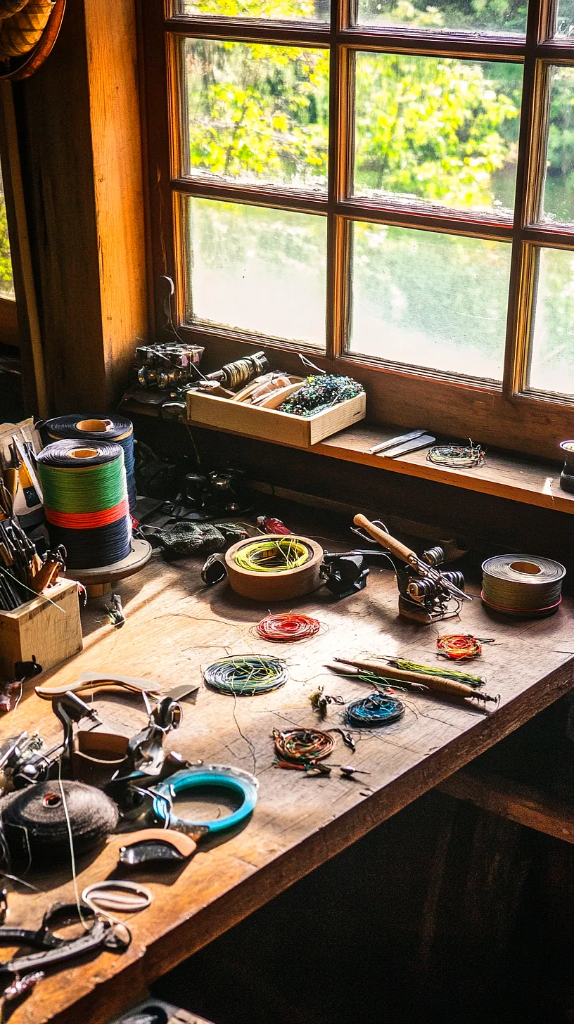 40+ Fisherman Aesthetic Accessories You'll Love 31 Image of a wooden workbench with various fly fishing tools and materials scattered in an organized manner, illuminated by soft, natural light from a nearby window, depicting the peaceful and serene atmosphere of a fly fishing workspace.