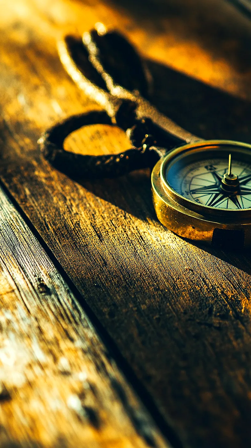 40+ Fisherman Aesthetic Accessories You'll Love 2 A handheld compass with a neat loop, sitting on a wooden surface. The lighting creates an atmospheric play of shadows, with a focused image of the compass and a blurred, mysterious background.