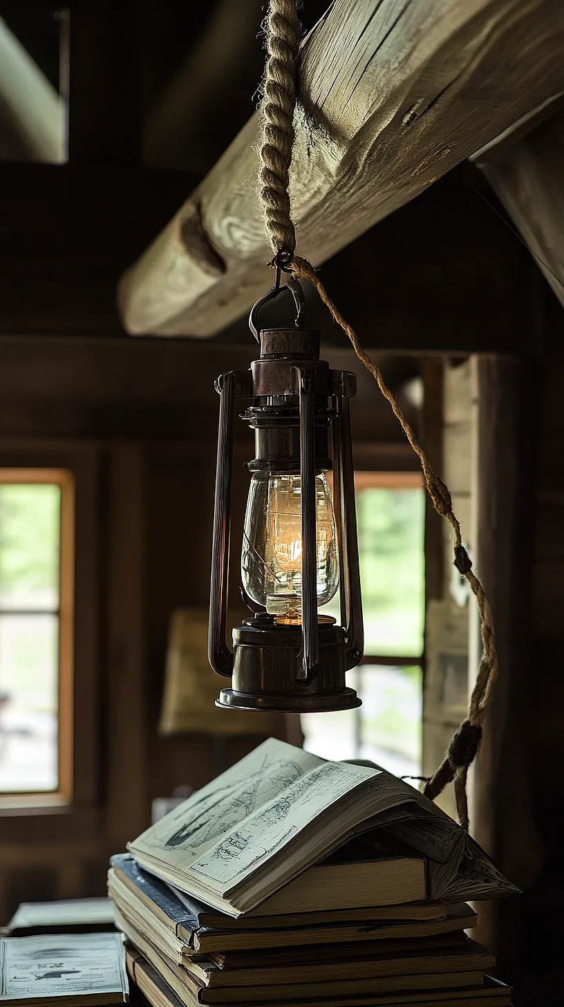40+ Fisherman Aesthetic Accessories You'll Love 39 Alt-Text: A vintage lantern hangs from a thick rope above a stack of books, set against a background of wooden walls and windows, creating a warm, inviting, rustic scene.