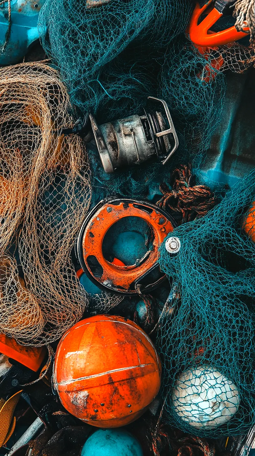 40+ Fisherman Aesthetic Accessories You'll Love 6 Colorful fishing gear featuring vibrant orange floats, blue and tan nets, and a cool metallic reel or pulley, showcasing a blend of nautical aesthetics and functionality.