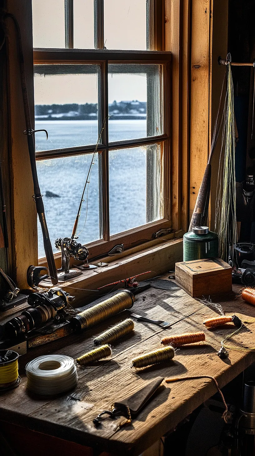 40+ Fisherman Aesthetic Accessories You'll Love 32 Rustic workbench equipped with fishing gear, including reels and rods, situated by the water with a scenic shoreline view. A vintage wooden box adds a charming touch to the setting.