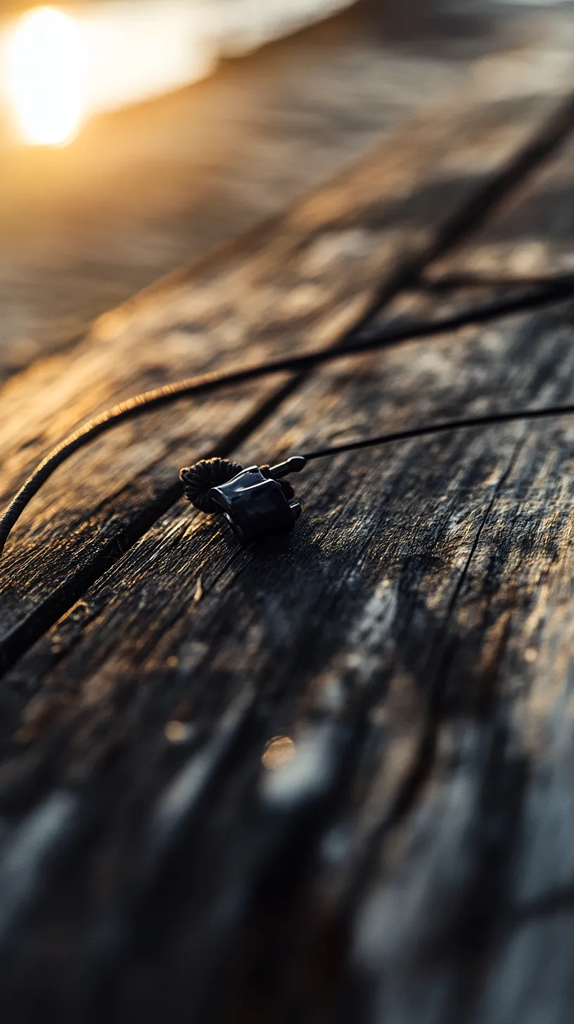 40+ Fisherman Aesthetic Accessories You'll Love 47 Earphones casually resting on a textured wooden surface, illuminated by warm, natural light, embodying a harmonious blend of technology and nature.