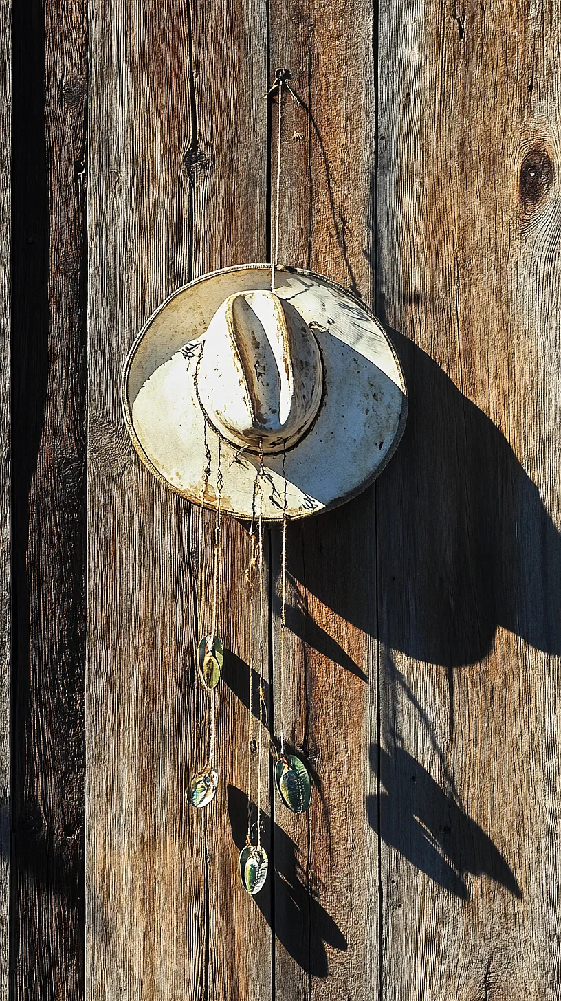 40+ Fisherman Aesthetic Accessories You'll Love 9 A white cowboy hat adorned with small shells hanging on a weathered wooden wall, casting interesting shadows, creating a rustic and whimsical aesthetic.