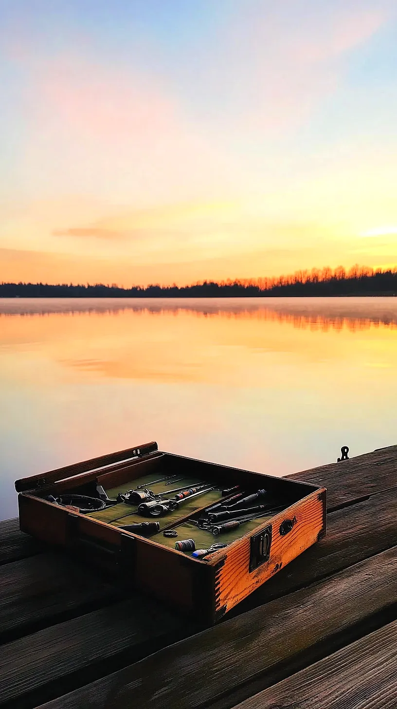 40+ Fisherman Aesthetic Accessories You'll Love 13 Sunrise or sunset over a tranquil lake with sky colors reflecting on the water, a line of trees at the horizon, and a rustic toolbox in the foreground symbolizing the charm of DIY projects.