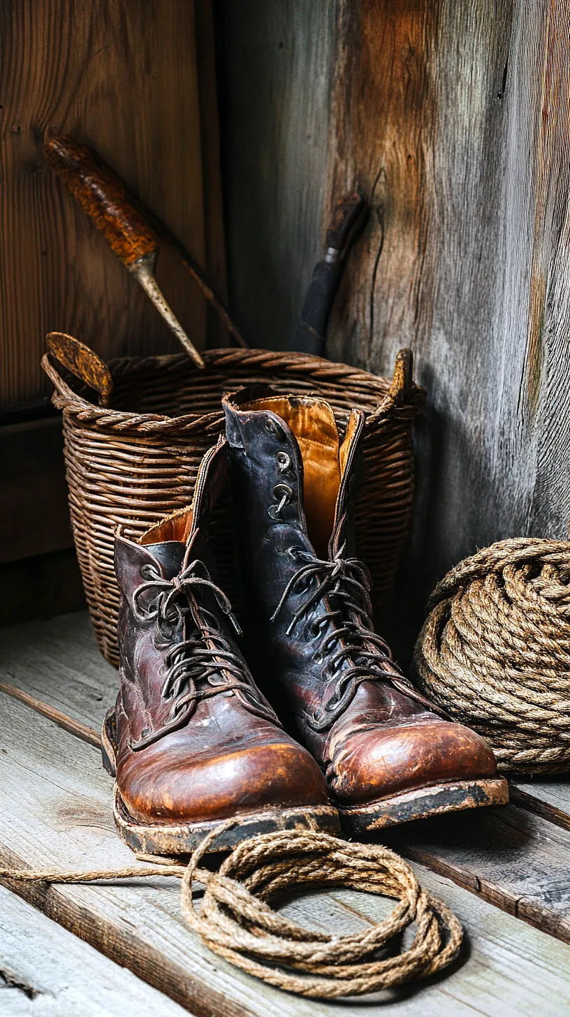 40+ Fisherman Aesthetic Accessories You'll Love 27 Rustic image depicting worn leather boots, a woven basket filled with tools, and a coiled rope, all set on a wooden surface, reflecting a charming rural life and vintage aesthetics.