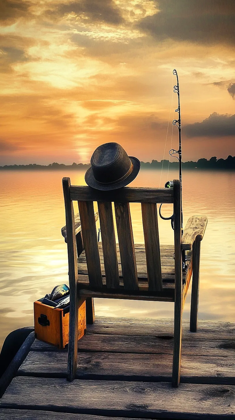 40+ Fisherman Aesthetic Accessories You'll Love 50 An image depicting a serene fishing scene at sunset, with a fishing rod, hat, and tackle box on a dock, overlooking calm waters.