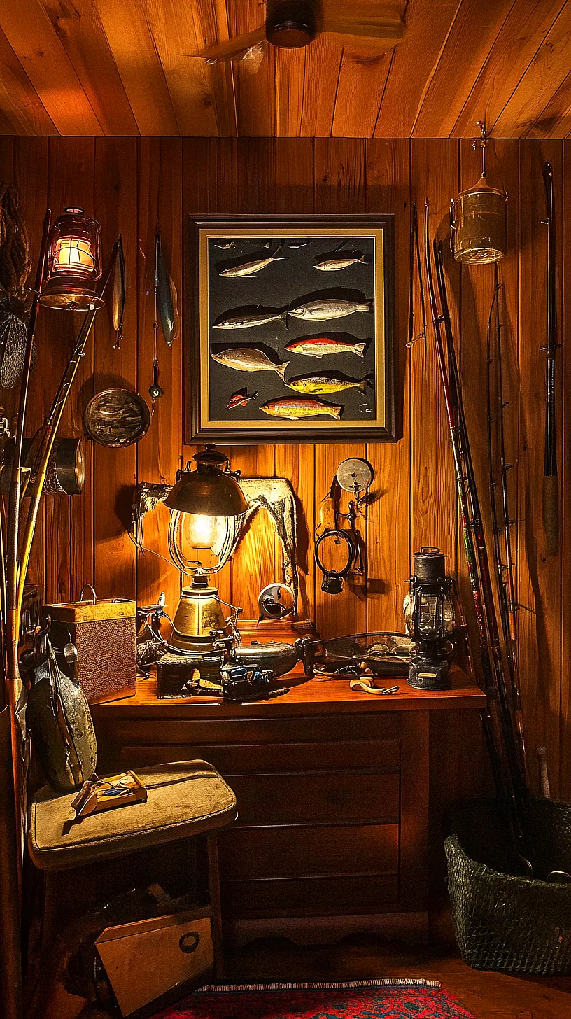 40+ Fisherman Aesthetic Accessories You'll Love 17 An image of a rustic, nautical-themed room with a wooden desk adorned with vintage items like oil lamps and a ship in a bottle. Fishing rods are positioned in the corner, and a framed display of fish hangs above the desk, tying the fishing theme together. The room encapsulates the charm of a cozy fishermans cabin.
