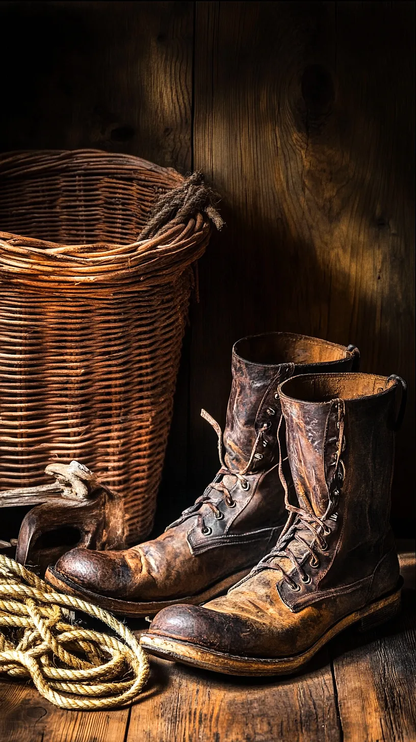 40+ Fisherman Aesthetic Accessories You'll Love 25 Rustic scene with worn leather boots, a coiled rope, and a wicker basket set against a wooden backdrop, conveying a vintage countryside ambiance.