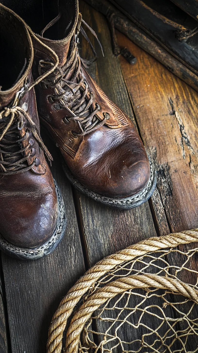 40+ Fisherman Aesthetic Accessories You'll Love 26 Vintage-style image featuring weathered brown leather boots on an aged wooden floor, complemented by a coiled rope, conveying a sense of rustic charm and adventurous spirit.