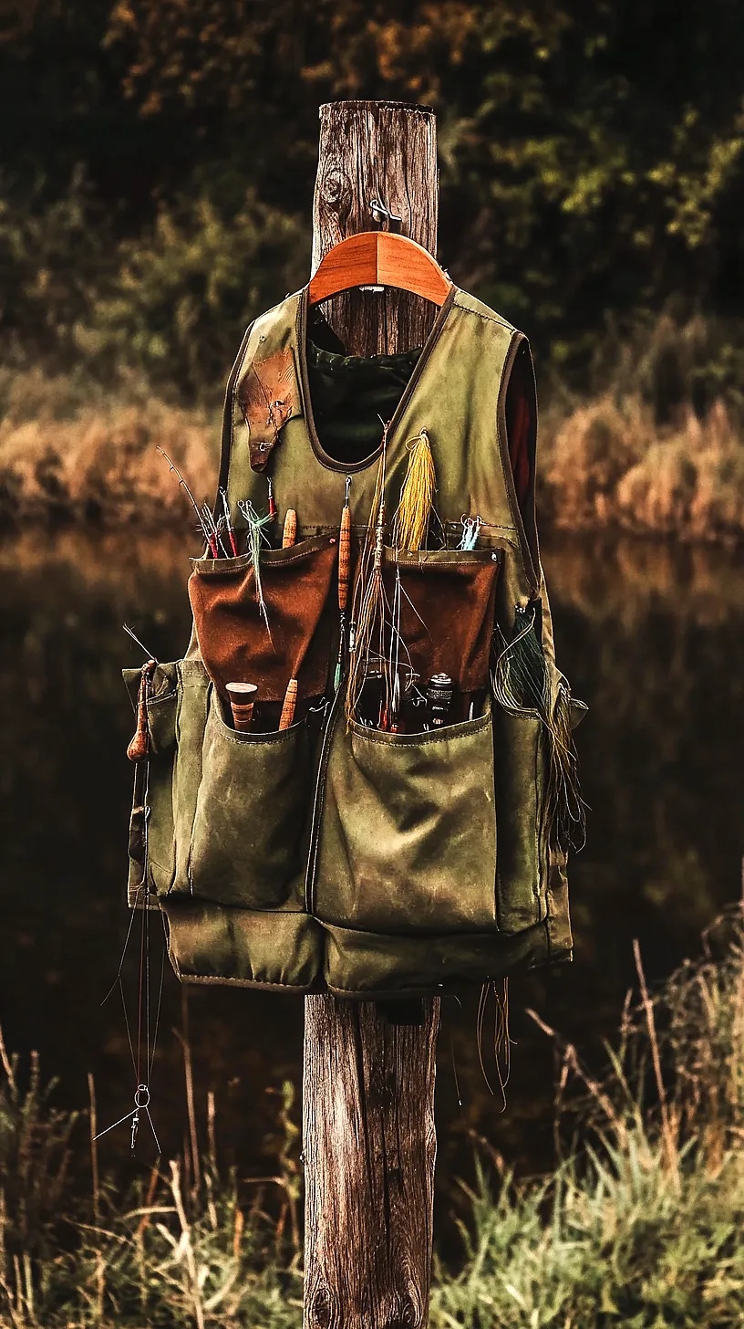 40+ Fisherman Aesthetic Accessories You'll Love 29 A fishing vest with essential tools such as lures and hooks, hanging near a serene body of water, embodying a sense of peace and relaxation.