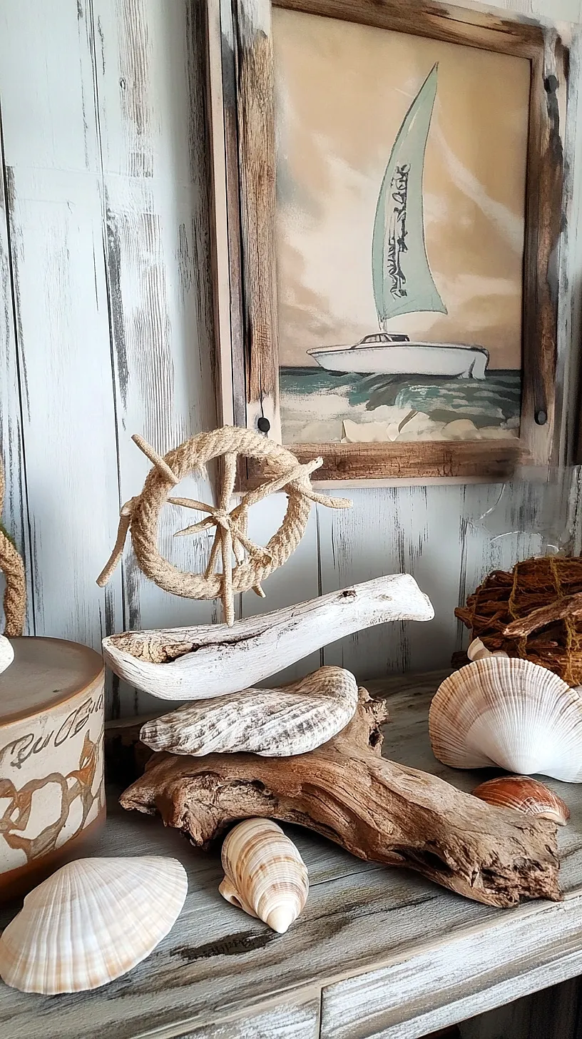 30+ Fisherman Aesthetic Home Decor Ideas for Aquatic Style 5 Nautical-themed home decor featuring elements like a painting of a sailboat, a ships wheel wrapped in rope, and accents of driftwood and seashells, evoking a rustic and coastal ambiance.