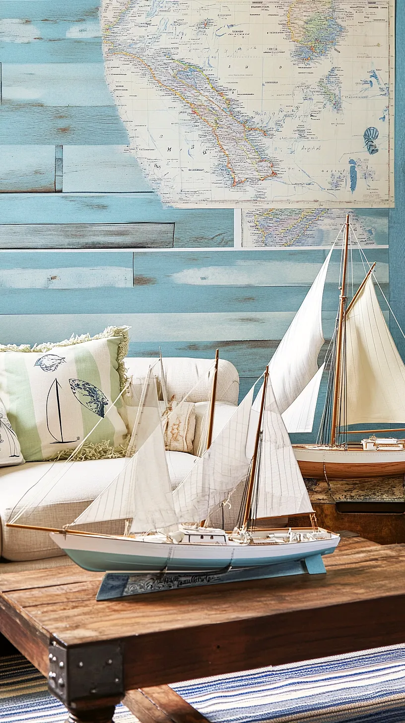 30+ Fisherman Aesthetic Home Decor Ideas for Aquatic Style 8 A nautical-themed room with a rustic wooden backdrop, model sailboats on a table, and blue and white striped elements that evoke a fresh, coastal ambiance.