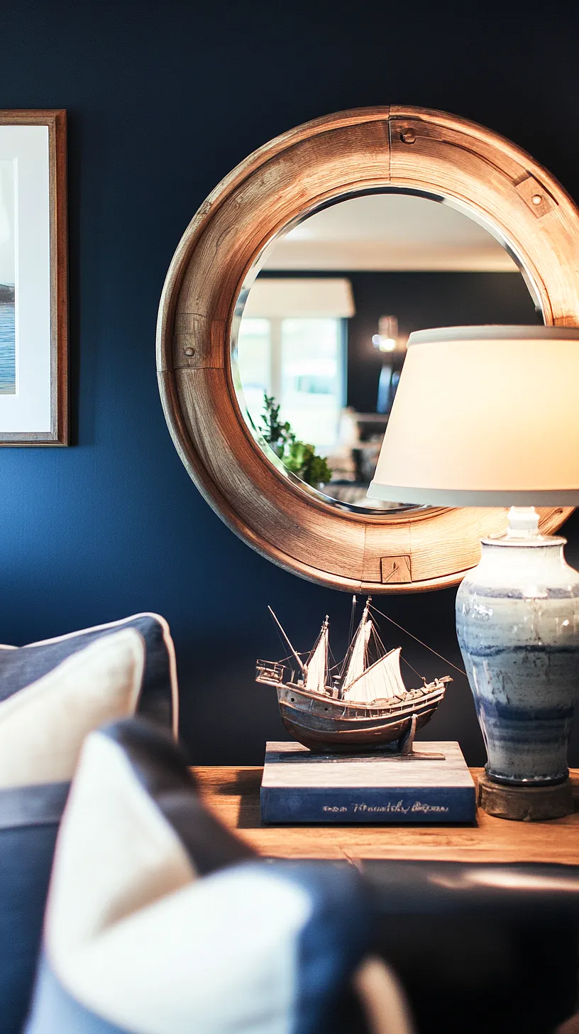 30+ Fisherman Aesthetic Home Decor Ideas for Aquatic Style 11 Cozy indoor setting with a navy blue wall, a rustic circular wooden-framed mirror, and a table lamp with a blue and white ceramic base. A miniature sailboat model is perched atop a book, contributing a nautical touch to the overall decor.