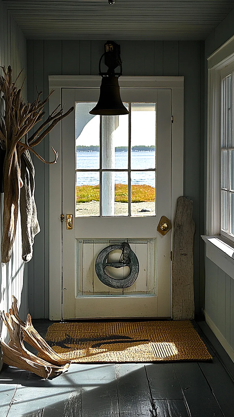 30+ Fisherman Aesthetic Home Decor Ideas for Aquatic Style 17 A bright, coastal-inspired room with a large glass-panelled door offering a serene view of the water, decorated with a rustic bell, driftwood, a nautical-themed wreath, and a textured rug.