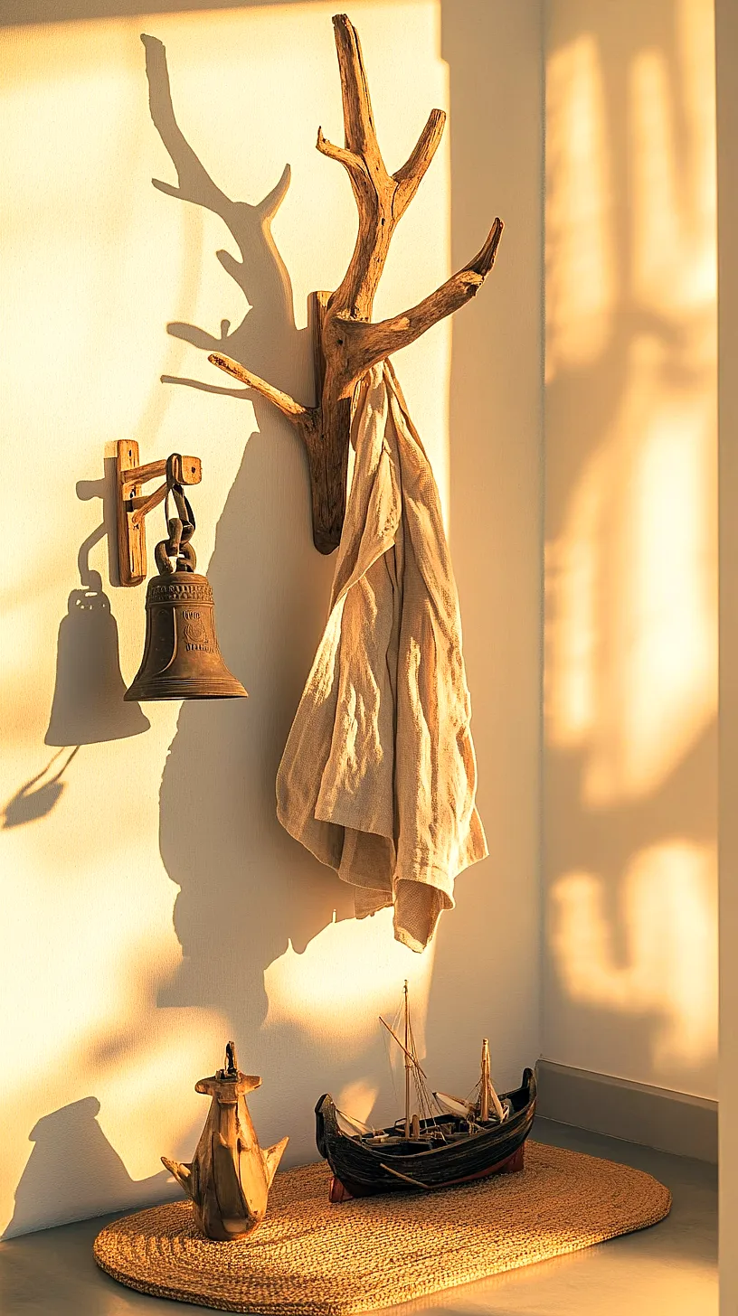 30+ Fisherman Aesthetic Home Decor Ideas for Aquatic Style 18 Image of a rustic-style interior decor featuring a wooden branch-shaped hook with a beige cloth hanging, a vintage metal bell, a model ship, and a decorative teapot-like object placed on a woven mat, all bathed in warm, ambient lighting casting shadows on the wall.