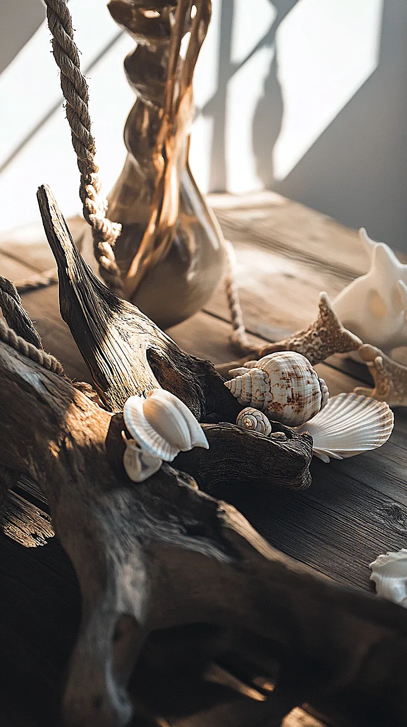 30+ Fisherman Aesthetic Home Decor Ideas for Aquatic Style 4 An aesthetically pleasing nautical-themed composition featuring driftwood, seashells, and rope laid out on a wooden surface, enhanced by dramatic lighting casting shadows and highlights.