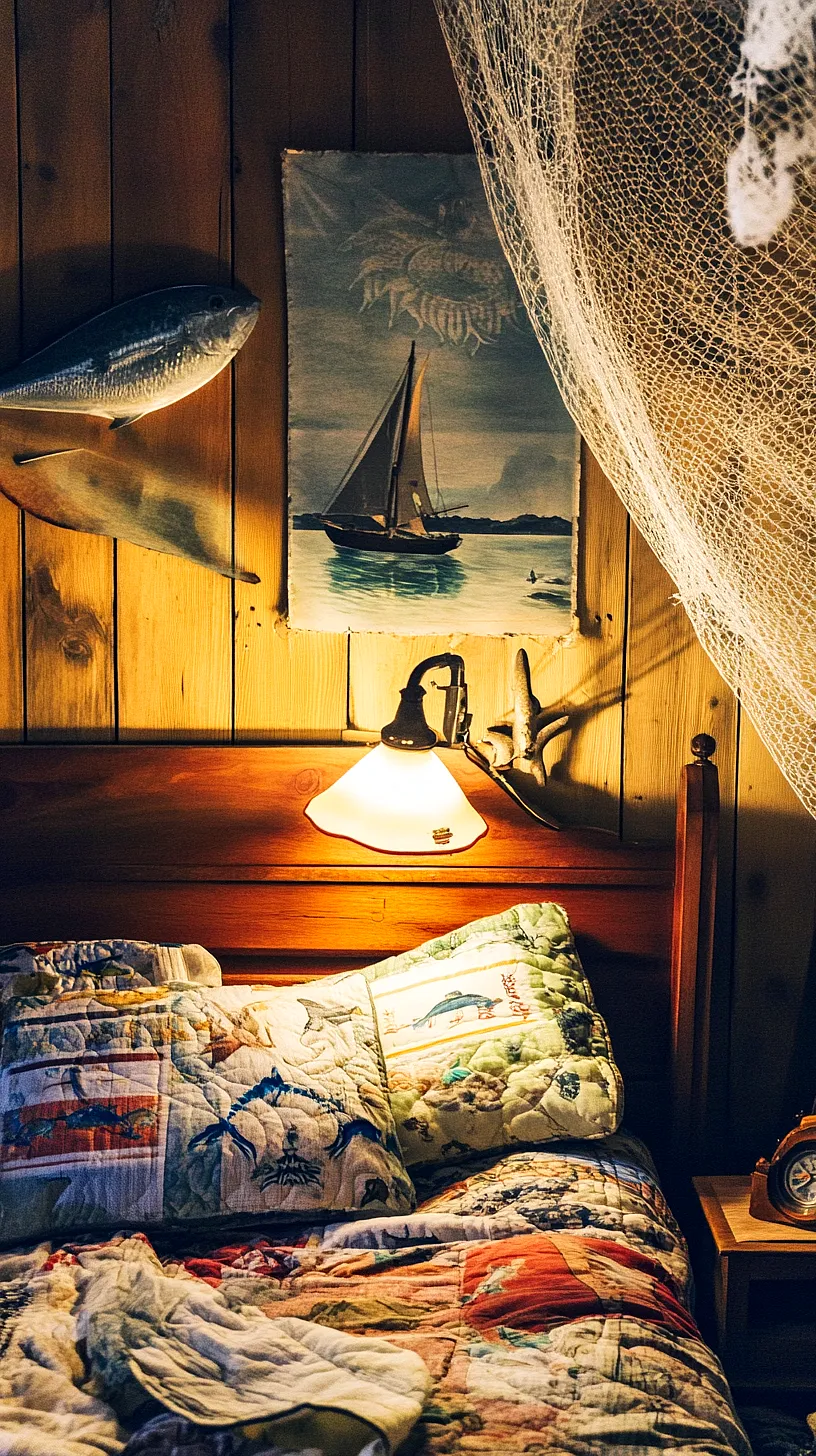 30+ Fisherman Aesthetic Home Decor Ideas for Aquatic Style 16 A cozy, nautical-themed bedroom with a decorative fishing net and a mounted fish on a wooden wall, illuminated by a warm glow from a vintage lamp over the bed.