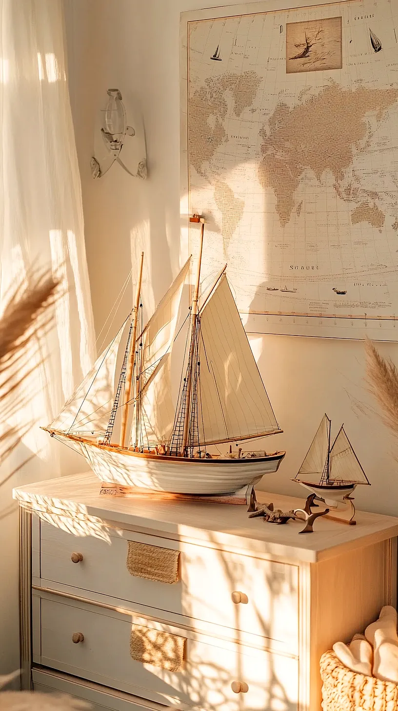 30+ Fisherman Aesthetic Home Decor Ideas for Aquatic Style 7 A nautical-themed room with a model ship on a light-colored dresser, a world map on the wall, and smaller nautical decorations including a small boat and seashells. The room is filled with warm sunlight, creating a serene and beach-inspired ambiance.