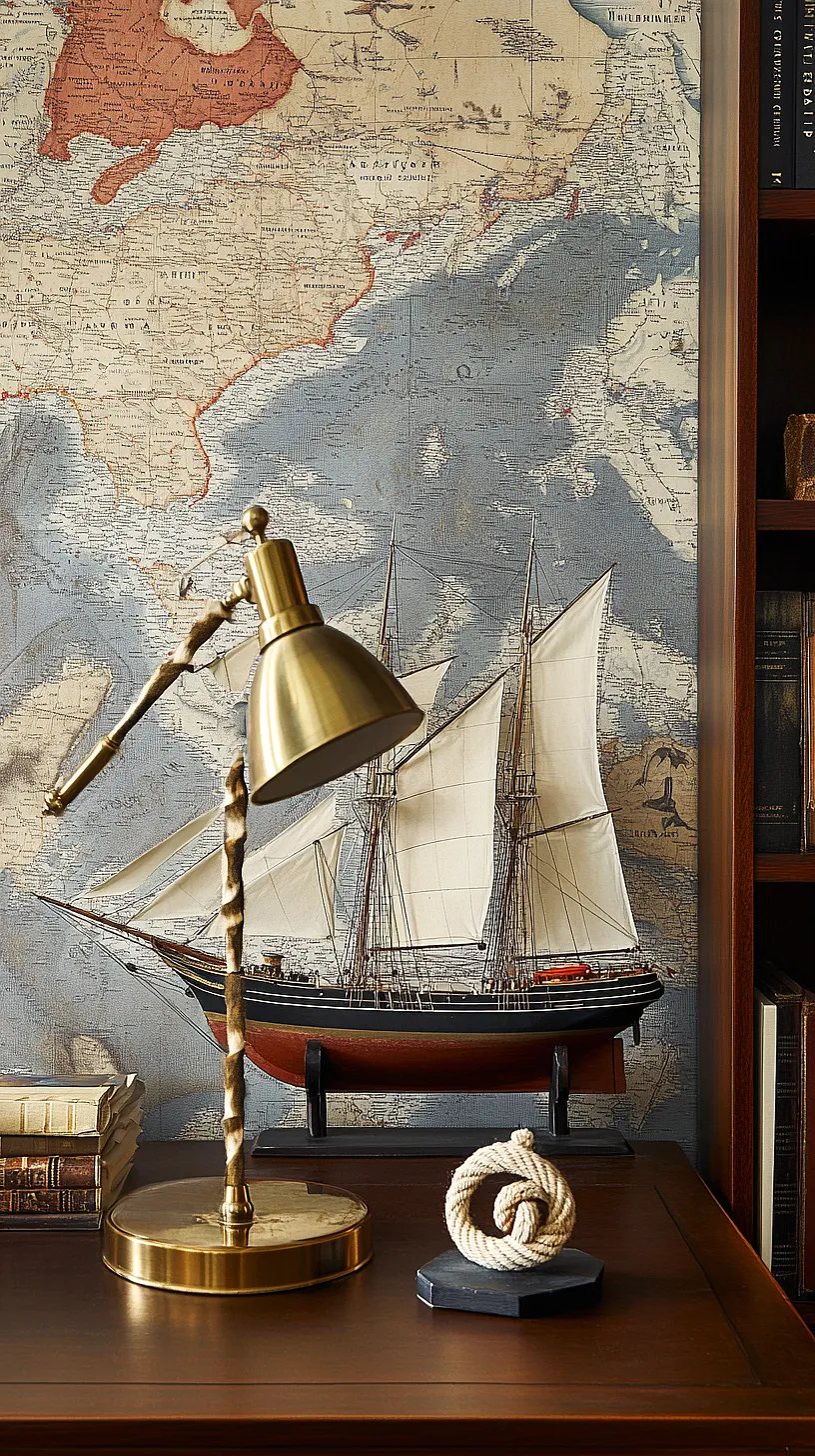 30+ Fisherman Aesthetic Home Decor Ideas for Aquatic Style 19 A nautical-themed desk setup featuring a brass lamp, model sailing ship, books, and nautical rope on a warm wooden surface. A vintage-style map of North America and the oceans is displayed in the background.