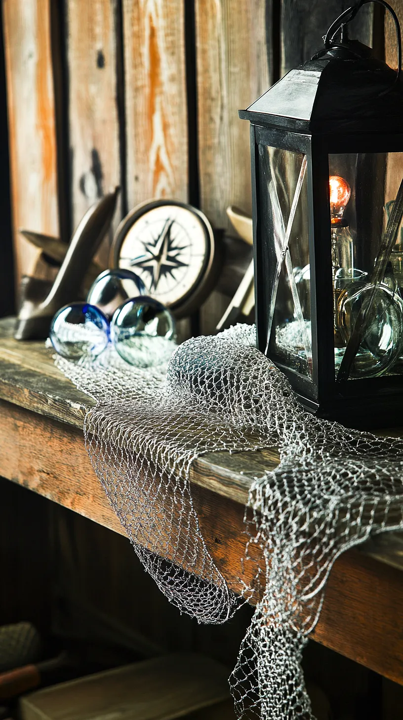 30+ Fisherman Aesthetic Home Decor Ideas for Aquatic Style 13 A rustic nautical-themed home setup featuring a lit lantern, glass orbs, a decorative compass, and a fishing net draped over a wooden surface, against a wooden panel wall, creating a unique maritime atmosphere.