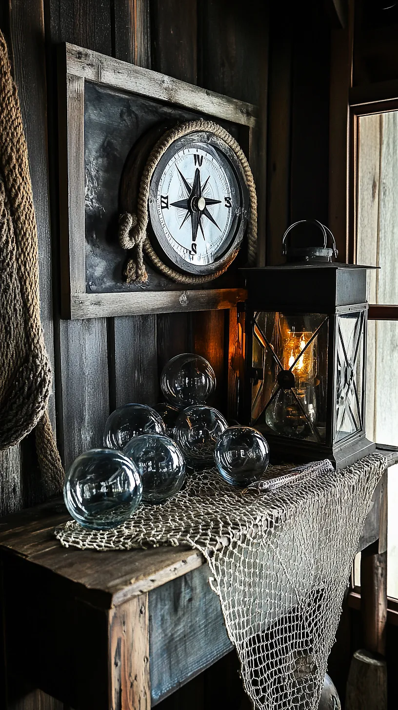30+ Fisherman Aesthetic Home Decor Ideas for Aquatic Style 12 Nautical-themed room decor featuring a large compass framed with rope, unique glass floats and netting on a table, and a lantern casting a warm, inviting glow, creating a vintage maritime atmosphere.