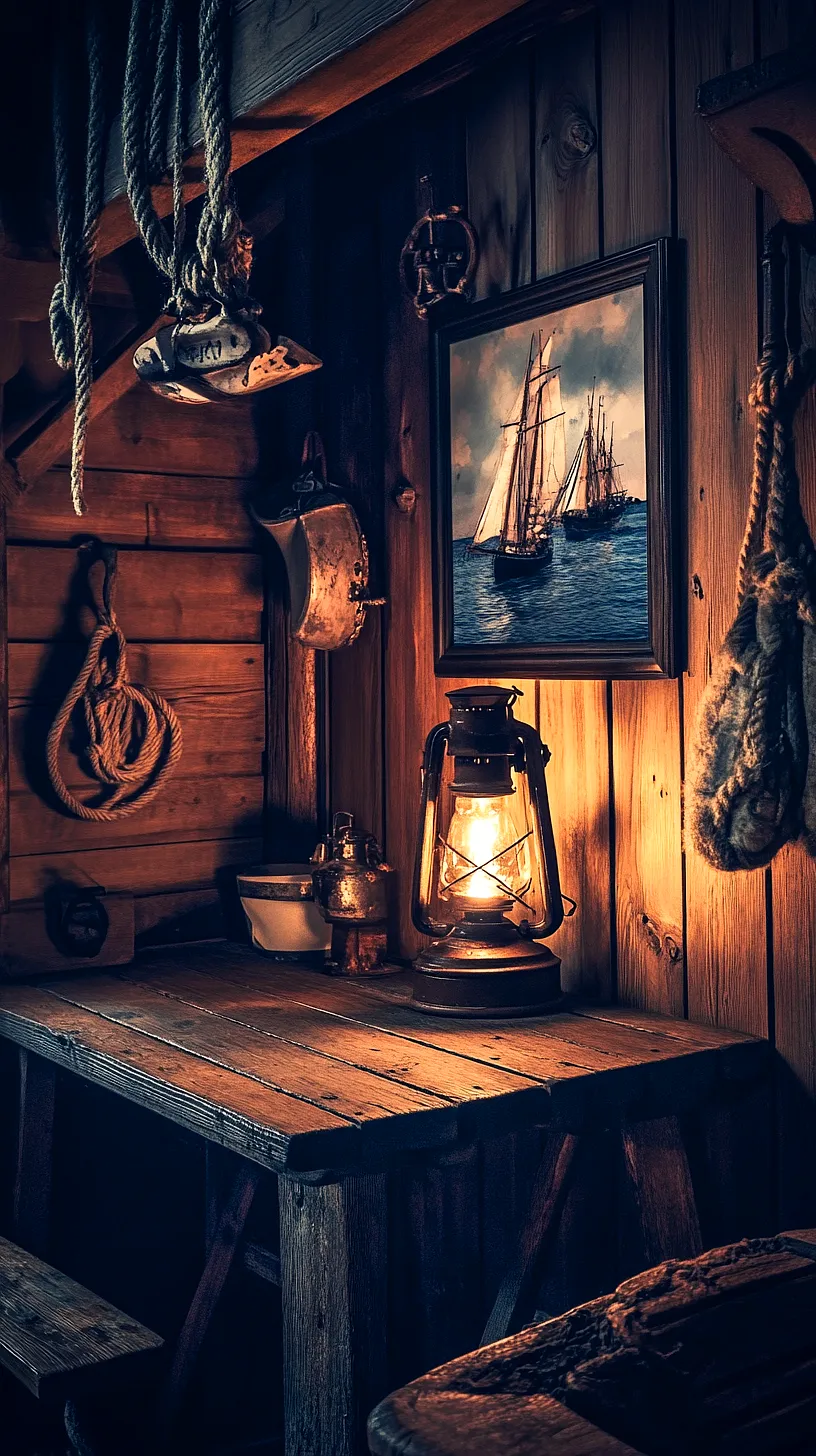 30+ Fisherman Aesthetic Home Decor Ideas for Aquatic Style 2 Rustic interior with wooden walls and table, illuminated by a warm glow from an oil lantern. A painting of a sailing ship, ropes on the walls, and nautical-themed trinkets on the table create a vintage maritime atmosphere, blending nostalgia, comfort, and a sense of adventure.