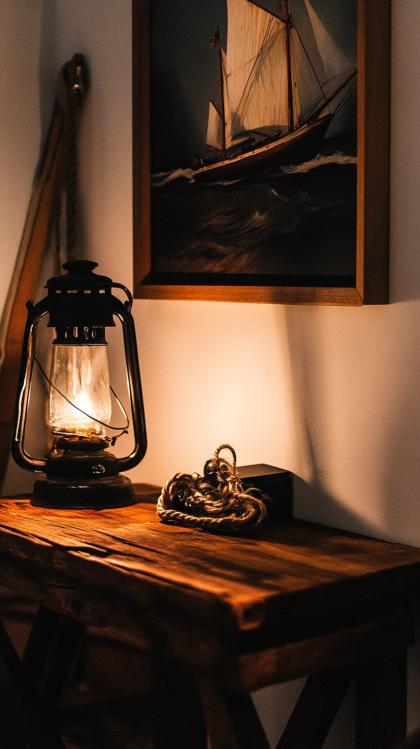 30+ Fisherman Aesthetic Home Decor Ideas for Aquatic Style 3 Image of a nautical-themed room with a warm lantern light, a dramatic sailboat painting, and an intriguing black book, evoking feelings of cozy adventure and rustic seaside escape.