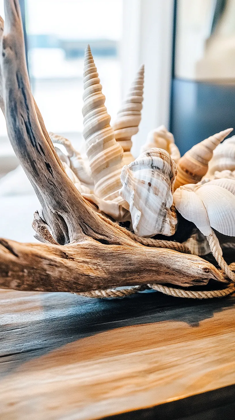 30+ Fisherman Aesthetic Home Decor Ideas for Aquatic Style 21 Image of a coastal decor arrangement on a wooden surface, featuring spiral seashells, pieces of driftwood, and rope, conveying a natural and serene beach vibe.