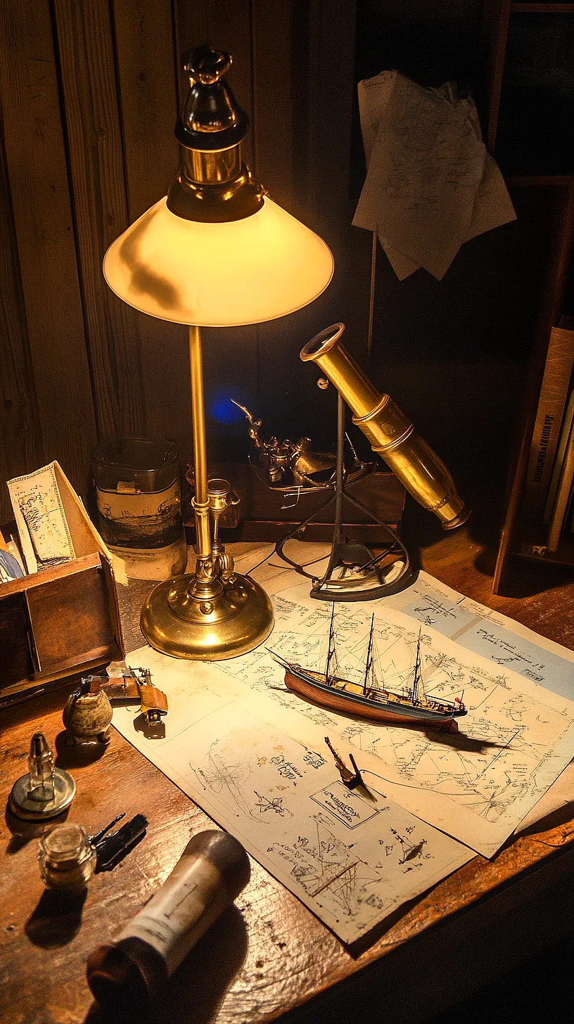 30+ Fisherman Aesthetic Home Decor Ideas for Aquatic Style 22 Vintage desk setup with a nautical theme, featuring a telescope, model ship, navigation charts, a brass desk lamp, inkwell, quill and a compass, symbolizing the age of exploration and lifes journey.