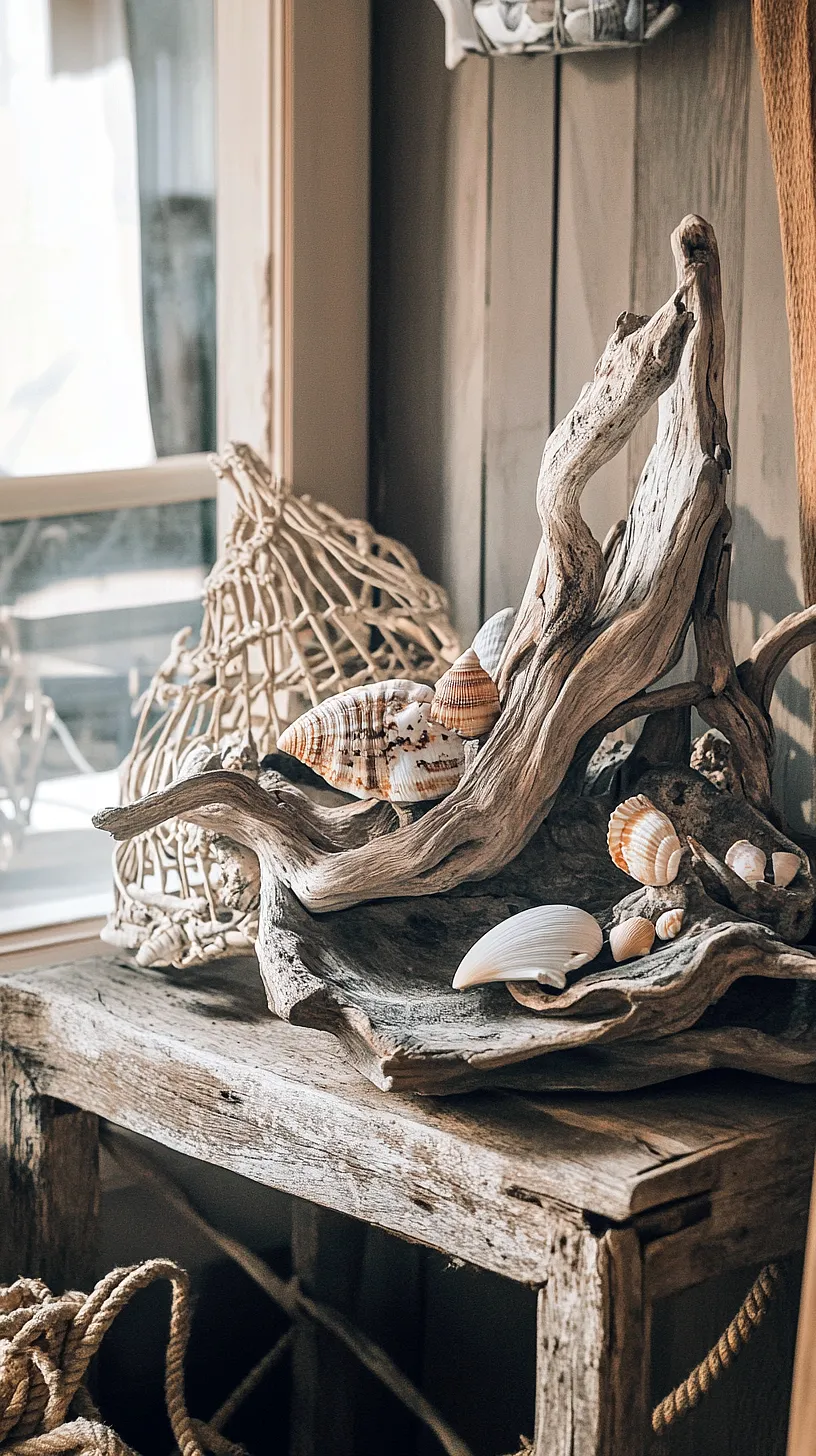 30+ Fisherman Aesthetic Home Decor Ideas for Aquatic Style 24 Image of a beach-themed design featuring a mix of driftwood and seashells arranged on a rustic wooden table, with a woven basket in the background, conveying a sense of peace and relaxation.