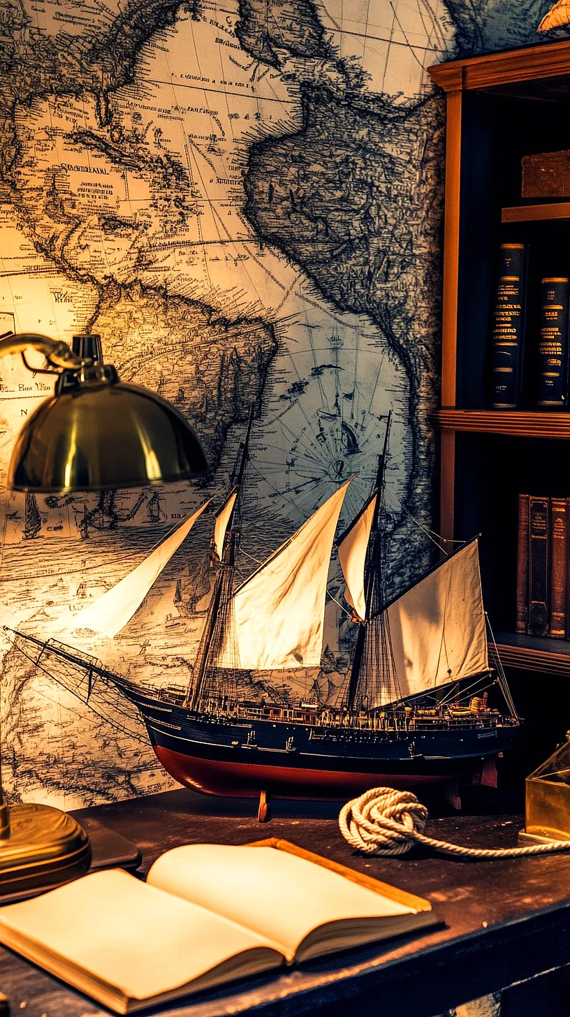30+ Fisherman Aesthetic Home Decor Ideas for Aquatic Style 23 Vintage nautical-themed image featuring an old map of the Americas, a model ship, an open book, a coil of rope and a lamp, creating a warm, antique atmosphere that evokes a sense of adventure and history.