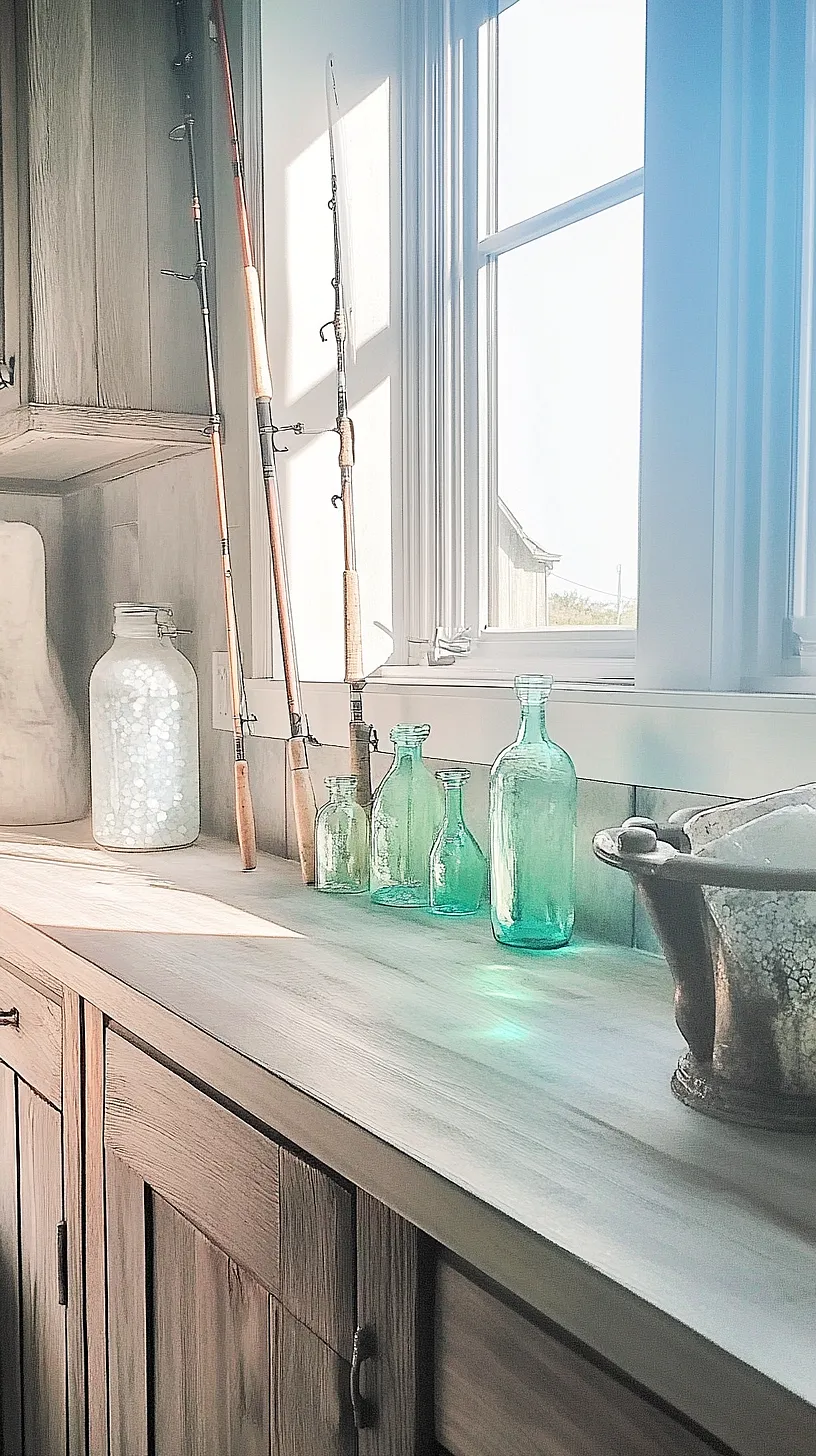 30+ Fisherman Aesthetic Home Decor Ideas for Aquatic Style 25 A bright and rustic kitchen with wood-finished cabinets and coastal decor, including vintage green glass bottles and a jar filled with white spheres. Fishing rods lean against the wall, adding a personal touch, while natural light streams in from a window.