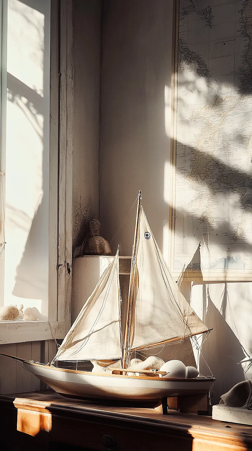 30+ Fisherman Aesthetic Home Decor Ideas for Aquatic Style 6 Model sailboat with detailed sails and a vintage aesthetic, adding a nautical vibe to a room and casting shadows on a wall map in soft natural light.