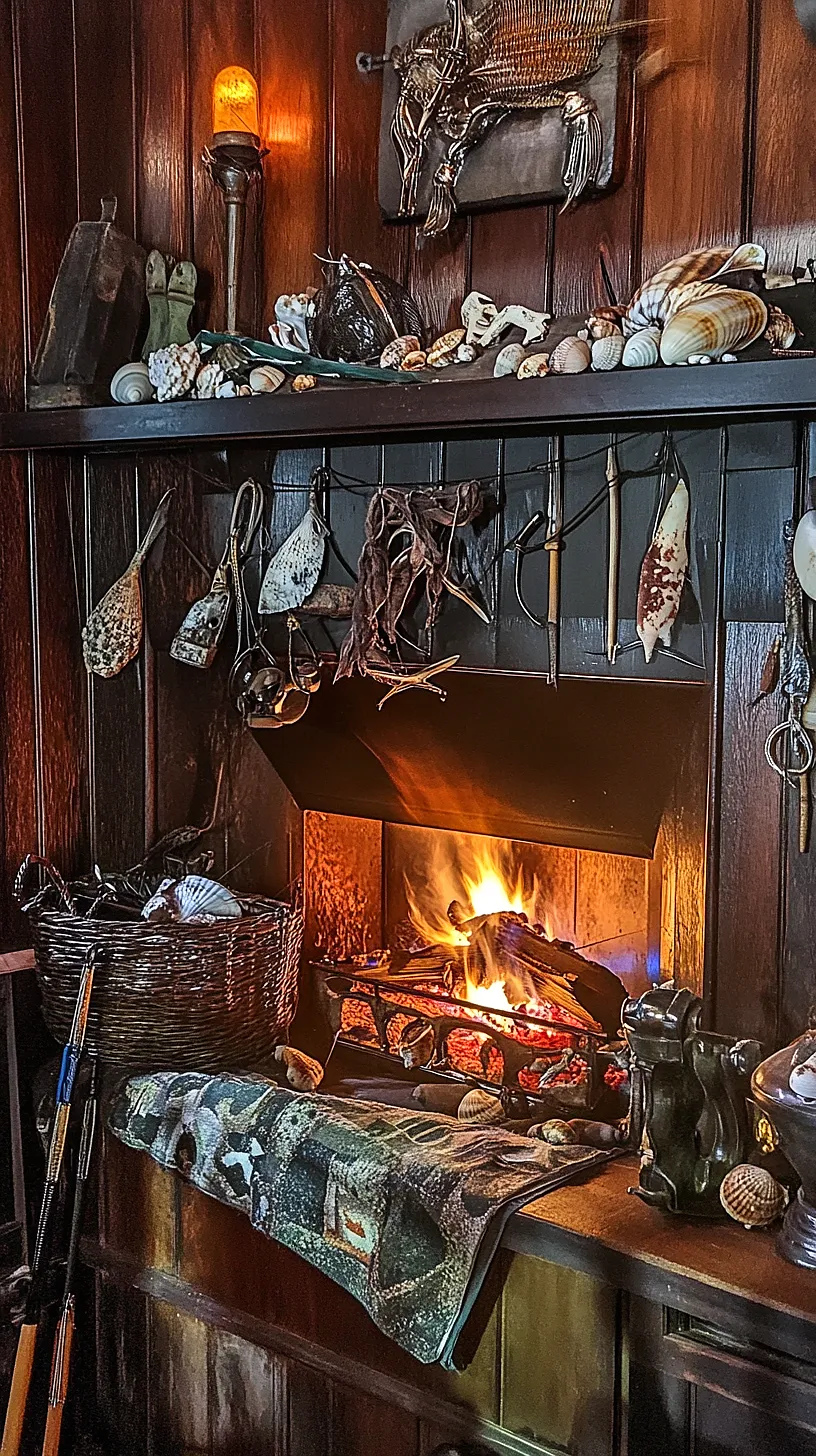 30+ Fisherman Aesthetic Home Decor Ideas for Aquatic Style 20 Rustic, nautical-themed fireplace with seashells and natural objects on the mantel, a textured blanket draped over a nearby basket, and a variety of tools and decorative pieces hanging above, creating a warm and inviting atmosphere.