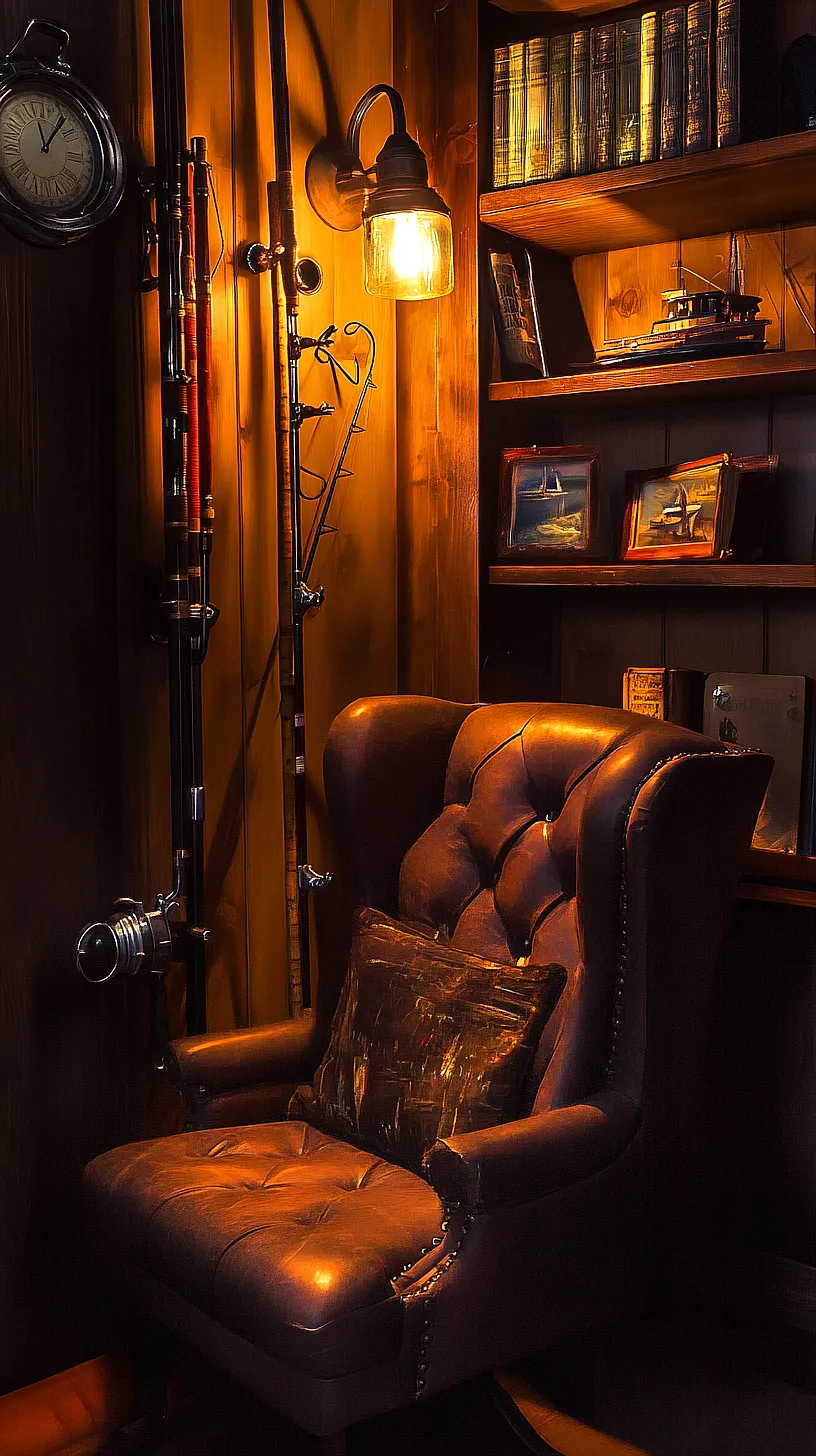 30+ Fisherman Aesthetic Home Decor Ideas for Aquatic Style 10 Image of a cozy, nautical-themed room featuring a vintage leather armchair by a wooden wall, a bookshelf filled with books and model ships, wall-mounted fishing rods, and a softly glowing wall lamp.