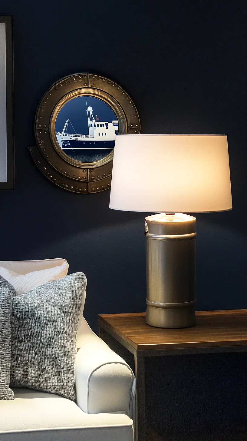 30+ Fisherman Aesthetic Home Decor Ideas for Aquatic Style 26 A nautical-themed room with a white cushioned chair, a wooden side table, a brass lamp, and a round porthole-style window showcasing a ship. The room features a navy wall adding depth and a sense of adventure.