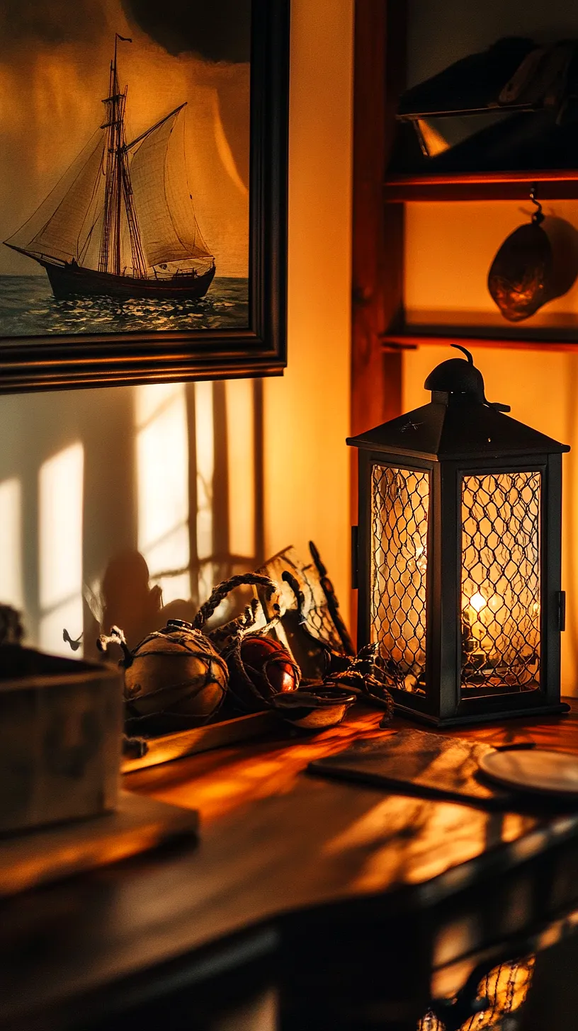 30+ Fisherman Aesthetic Home Decor Ideas for Aquatic Style 28 Image of a cozy, nautical-themed room with a picture of a sailing ship on the wall and a lantern casting intricate shadows. Additional maritime decorations like a net and a buoy enhance the seafaring atmosphere, creating a sense of adventure, mystery, and romance. The room design evokes a feeling of a snug harbor and an everyday vacation at home.