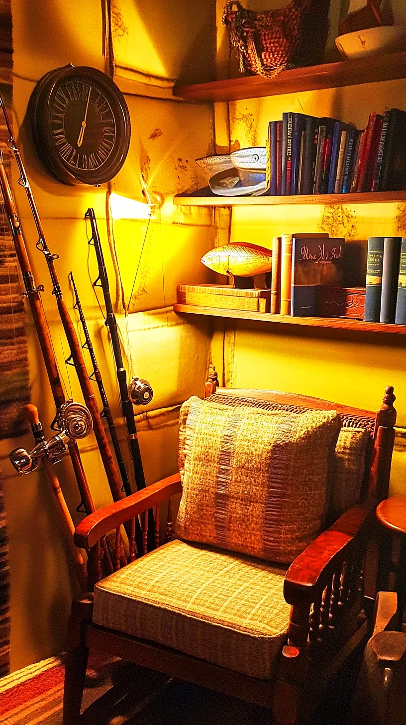 30+ Fisherman Aesthetic Home Decor Ideas for Aquatic Style 35 Image of a rustic, cozy corner of a room with a comfortable wooden chair featuring a patterned cushion, a bookshelf, soft warm lighting, a vintage wall clock with Roman numerals, a collection of fishing rods and a small decorative fish.