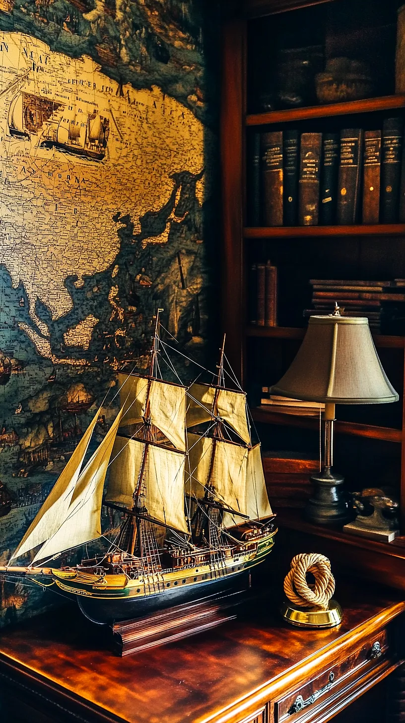 30+ Fisherman Aesthetic Home Decor Ideas for Aquatic Style 33 Image of a nautical-themed decor featuring a detailed model sailing ship, an antique lamp, and a vintage map in the background, creating a studious and adventurous atmosphere.
