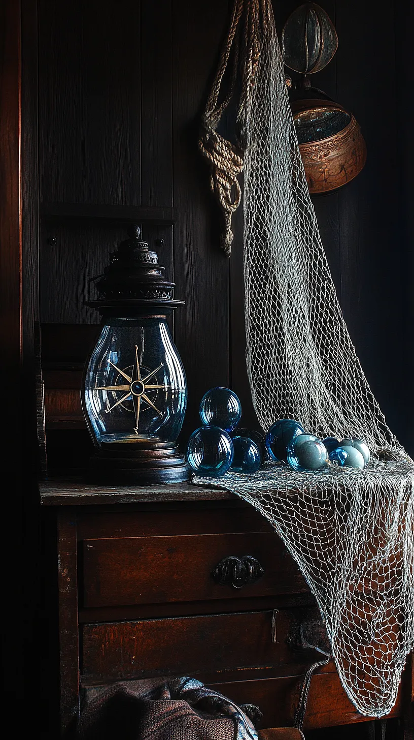 30+ Fisherman Aesthetic Home Decor Ideas for Aquatic Style 34 Maritime-themed setting with a vintage lantern featuring a compass design, a fishing net, blue glass fishing floats, and an old nautical item against a dark wood backdrop. A coil of rope adds a touch of rustic charm to the scene, creating a nostalgic sea ambiance.