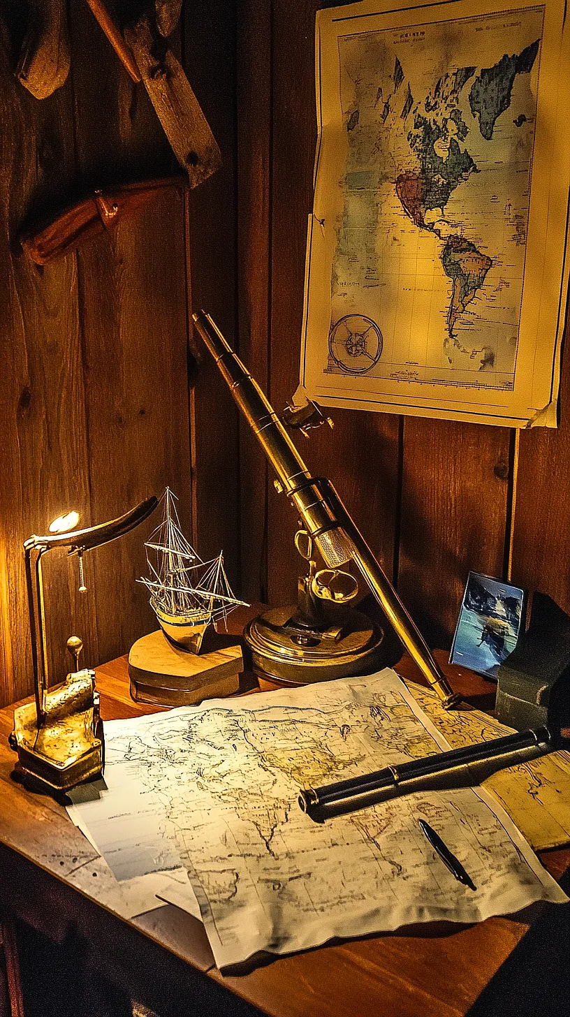 30+ Fisherman Aesthetic Home Decor Ideas for Aquatic Style 29 Alt-Text: A vintage, nautical-themed study room with a wooden desk featuring a spread-out map, a model sailboat, and a telescope. The room is illuminated by a warm lamp glow, and includes a wall map, a magnifying glass, and a pen, evoking a sense of historical exploration.