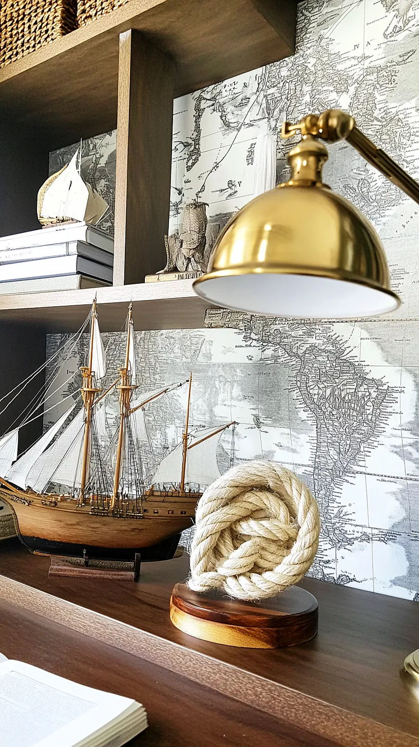 30+ Fisherman Aesthetic Home Decor Ideas for Aquatic Style 30 Nautical-themed bookshelf with a wooden model of a sailing ship, coiled rope decor, and a map on the wall, all illuminated by a brass desk lamp.