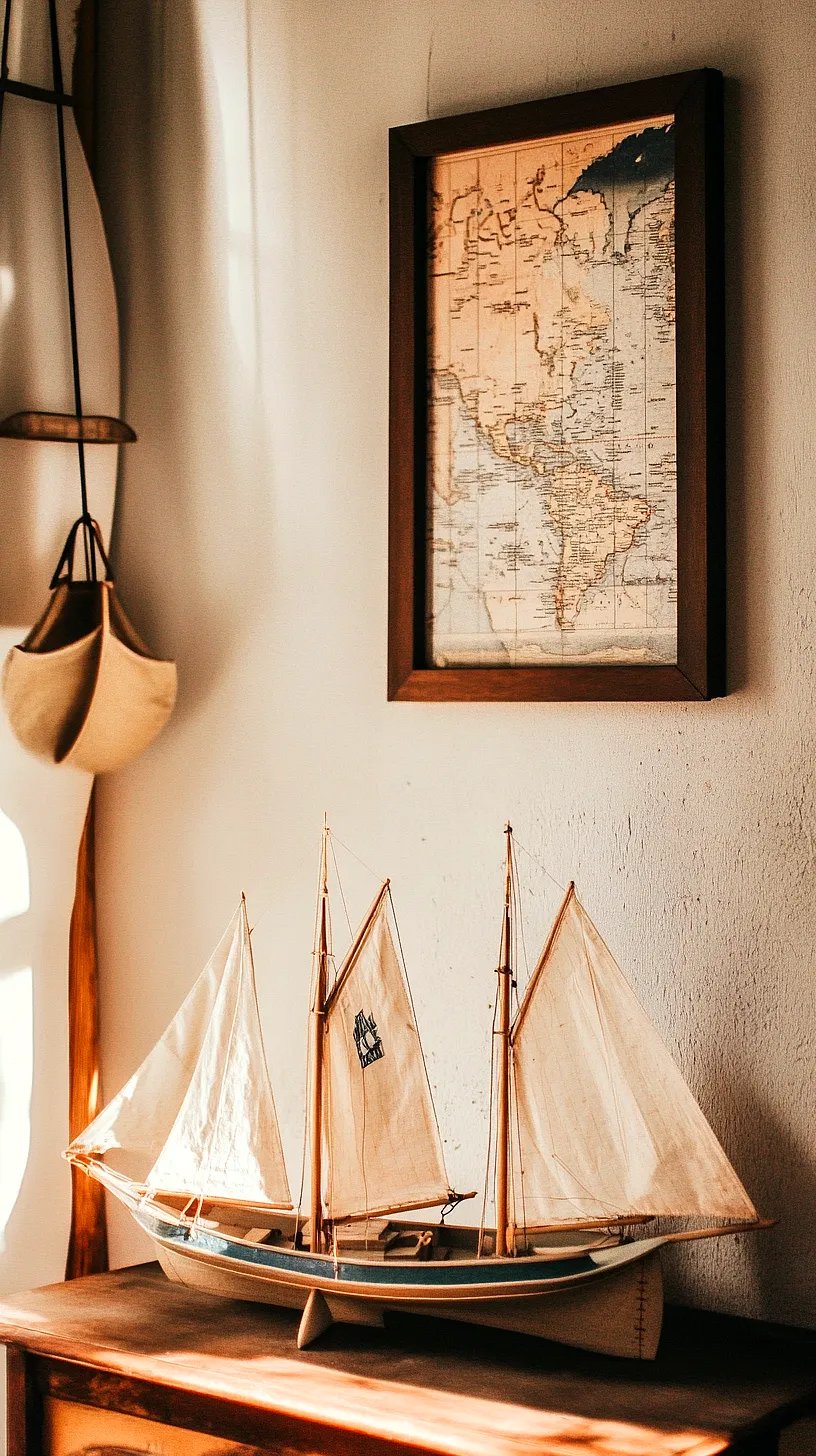 30+ Fisherman Aesthetic Home Decor Ideas for Aquatic Style 27 Image of a vintage model sailing ship with three masts, placed under a framed map possibly depicting parts of the Americas. The room is lit with warm, soft lighting enhancing the antiquated aesthetic and creating a cozy atmosphere.
