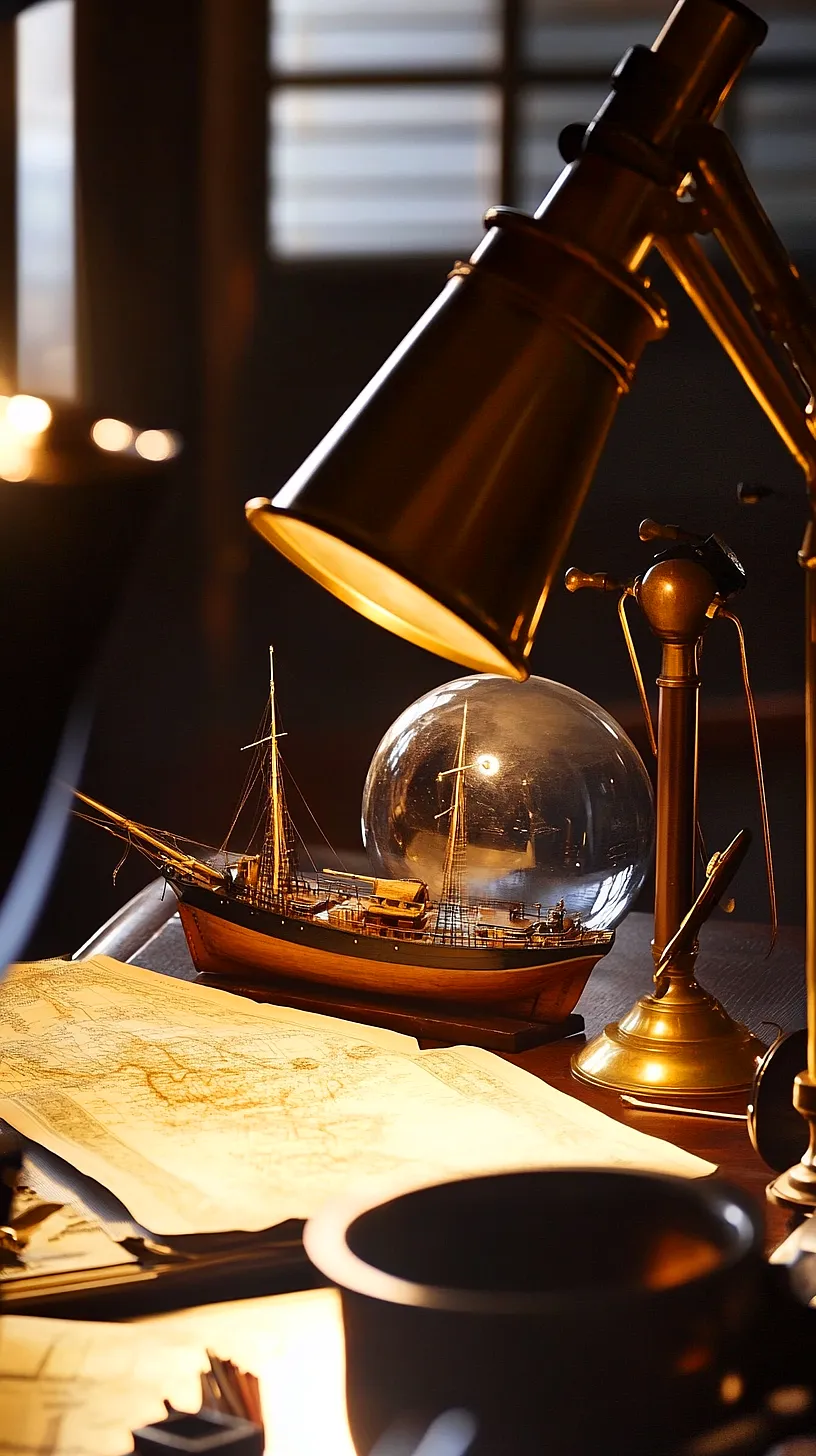 30+ Fisherman Aesthetic Home Decor Ideas for Aquatic Style 32 Model ship under a glass dome, illuminated by a vintage lamp on a desk, with a map positioned underneath, reflecting the warm light.