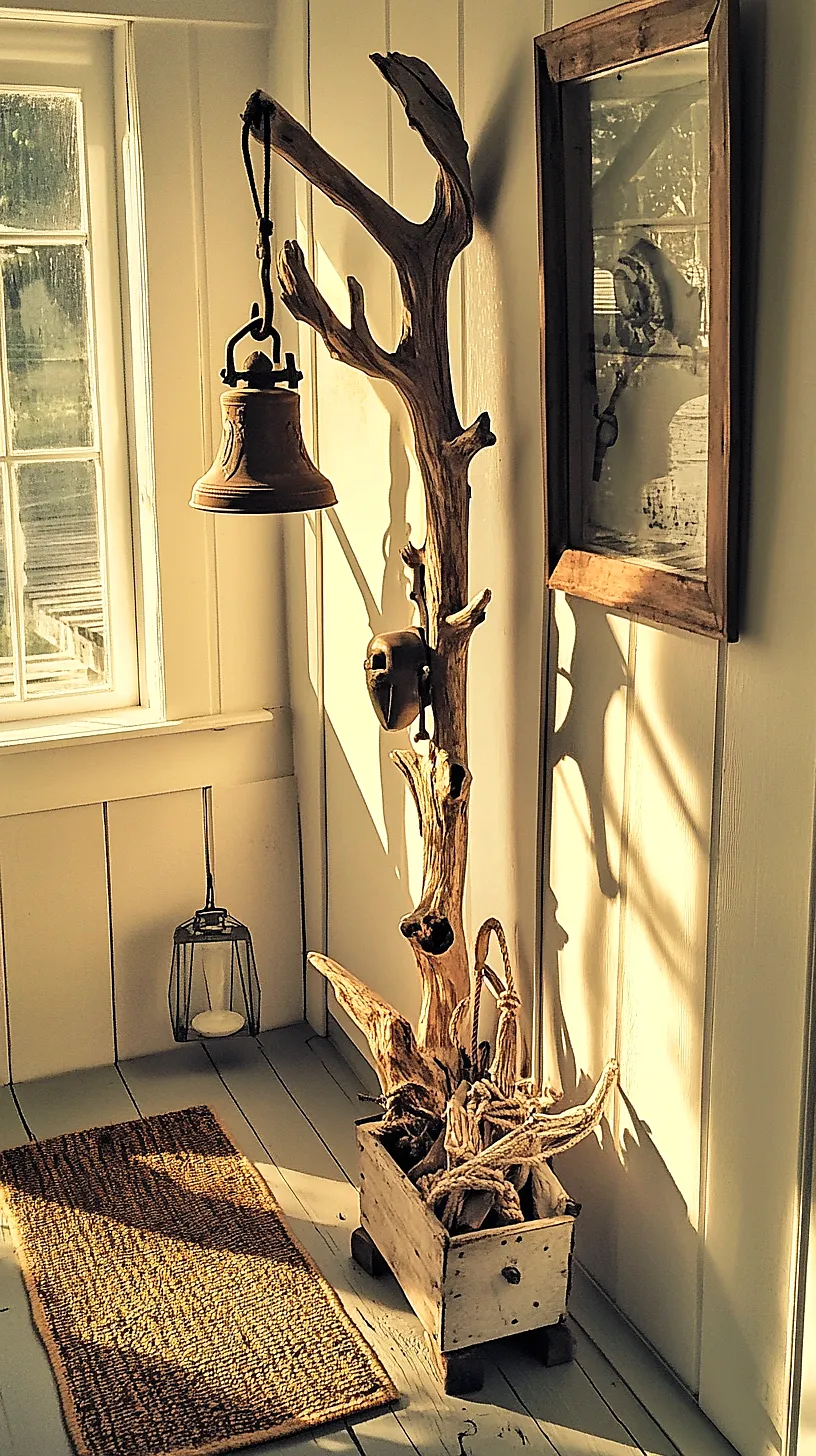 30+ Fisherman Aesthetic Home Decor Ideas for Aquatic Style 31 Image of a rustic interior with a bell hanging from a driftwood structure, sunlight casting shadows on a woven rug and wooden floor. A framed picture on the wall and a lantern on the floor enhance the rustic ambiance. A wooden box filled with driftwood adds a touch of nature to the space.