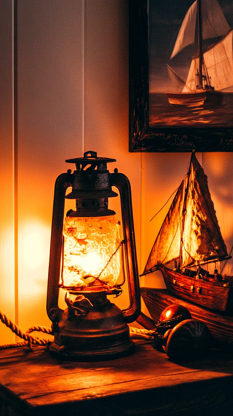 30+ Fisherman Aesthetic Home Decor Ideas for Aquatic Style 36 Vintage lantern casting a warm glow on a model ship, with a dimly lit nautical-themed painting in the background, creating a cozy and adventurous atmosphere.
