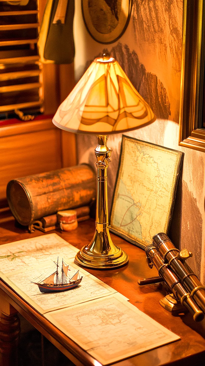 30+ Fisherman Aesthetic Home Decor Ideas for Aquatic Style 14 Vintage-style desk setup featuring maritime exploration elements such as a model ship on a spread-out map, a brass lamp casting a warm glow, an antiqued telescope, cylindrical containers for maps or scrolls and a framed map on the wall.