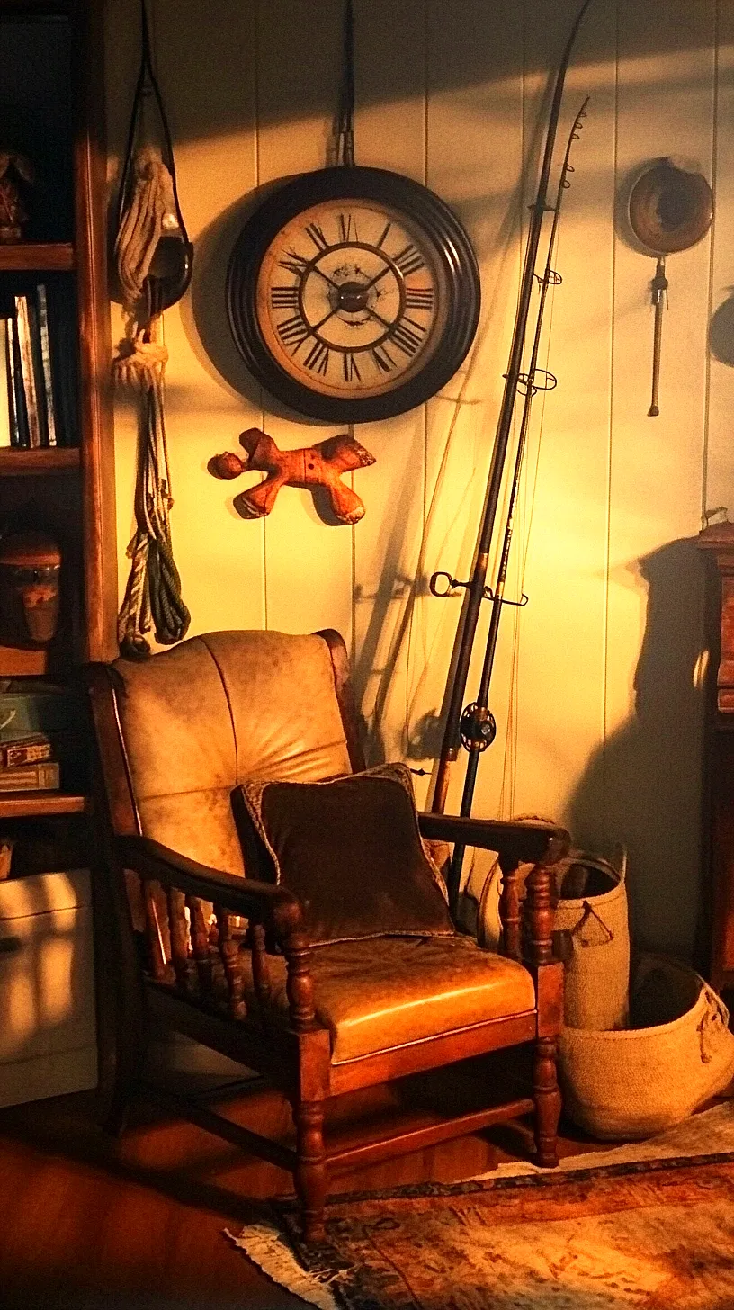 30+ Fisherman Aesthetic Home Decor Ideas for Aquatic Style 9 Vintage-style room corner featuring a large wall clock with Roman numerals, fishing rods, a cozy wooden armchair with cushions, a stack of books, a small rug, a basket, hats, and ropes, creating a rustic and inviting atmosphere for relaxation and reading.