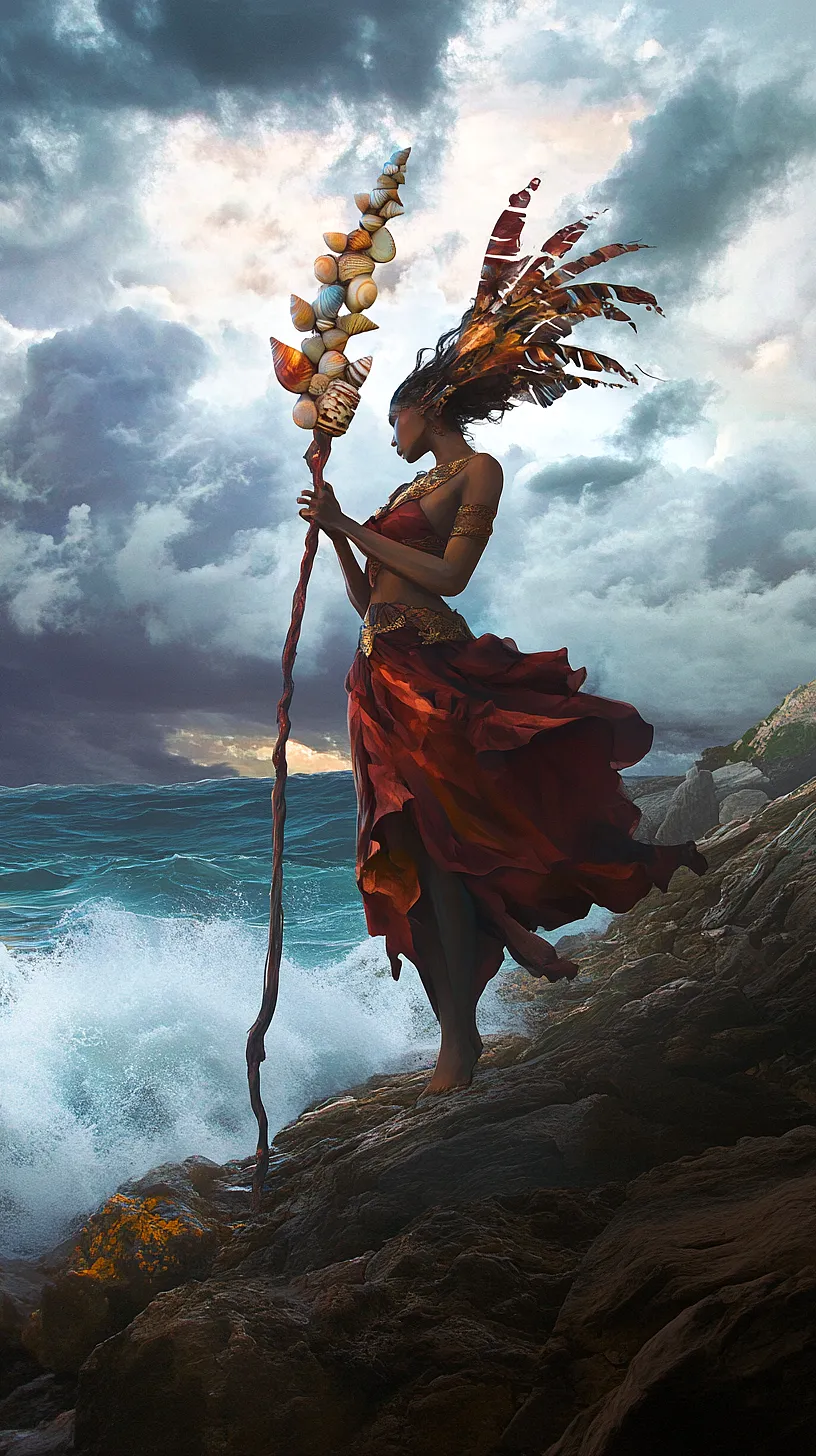 20+ Beautiful Sea Witchery Ideas Going Viral on Pinterest 9 A woman in a flowing red costume stands defiantly against a turbulent ocean backdrop. She holds a staff adorned with shells and has feathers in her hair, adding a sense of intrigue and adventure to the image.
